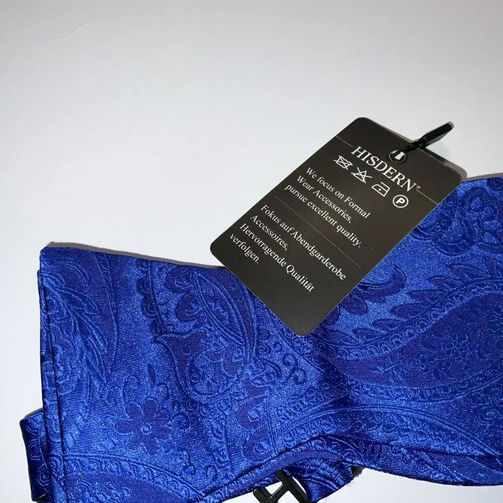 Hisdern Men Royal Blue BUTTERFLY Bow tie &Pocket Square Handkerchief Set New